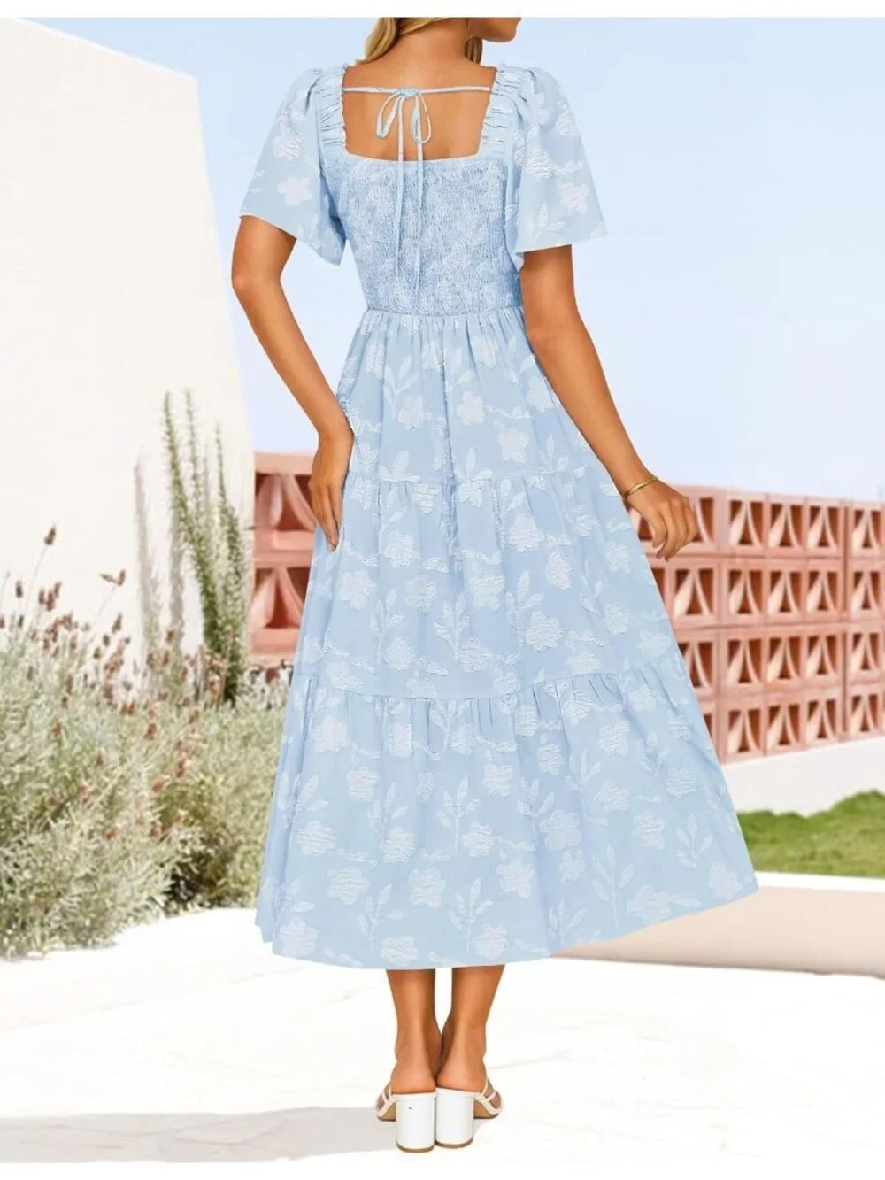 Women‘s Summer Boho Floral Midi Dress Blue Short Sleeve Square Neck Flowy Beach